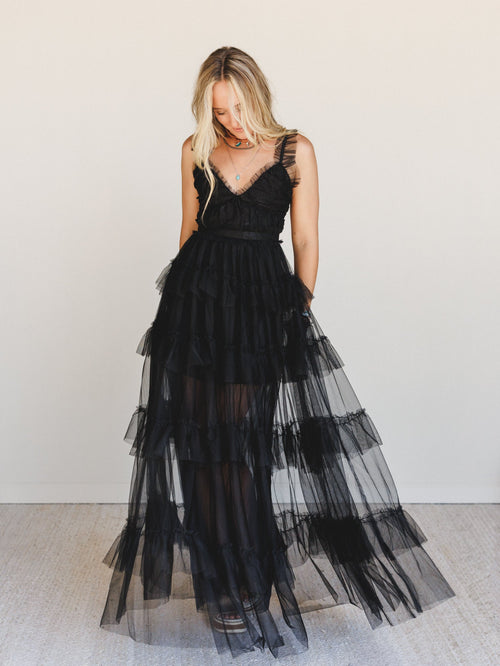 Isley Lace Tiered Maxi Dress - Black