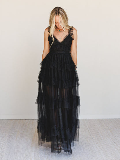Isley Lace Tiered Maxi Dress - Black