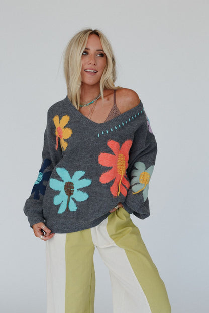 Good Mood Flower Print Sweater - Charcoal