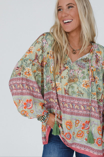 The Nest Lani Border Print Top - Sage
