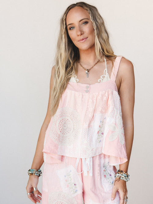 Patchwork Parade Woven Top  - Pale Pink