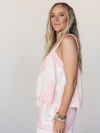 Patchwork Parade Woven Top  - Pale Pink