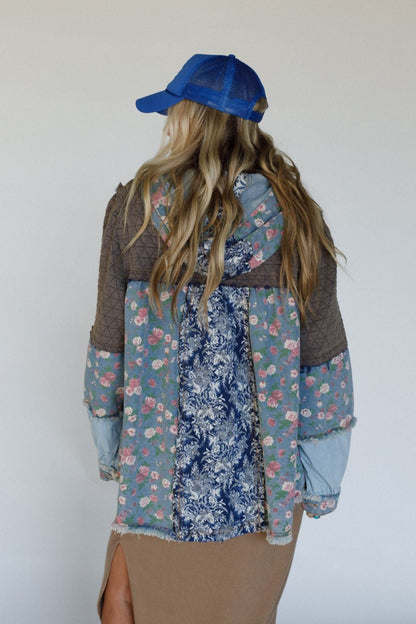 Starlit Petals Hoodie Jacket - Denim