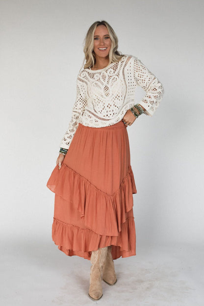 Washed Ashore Ruffled Maxi Skirt - Brick