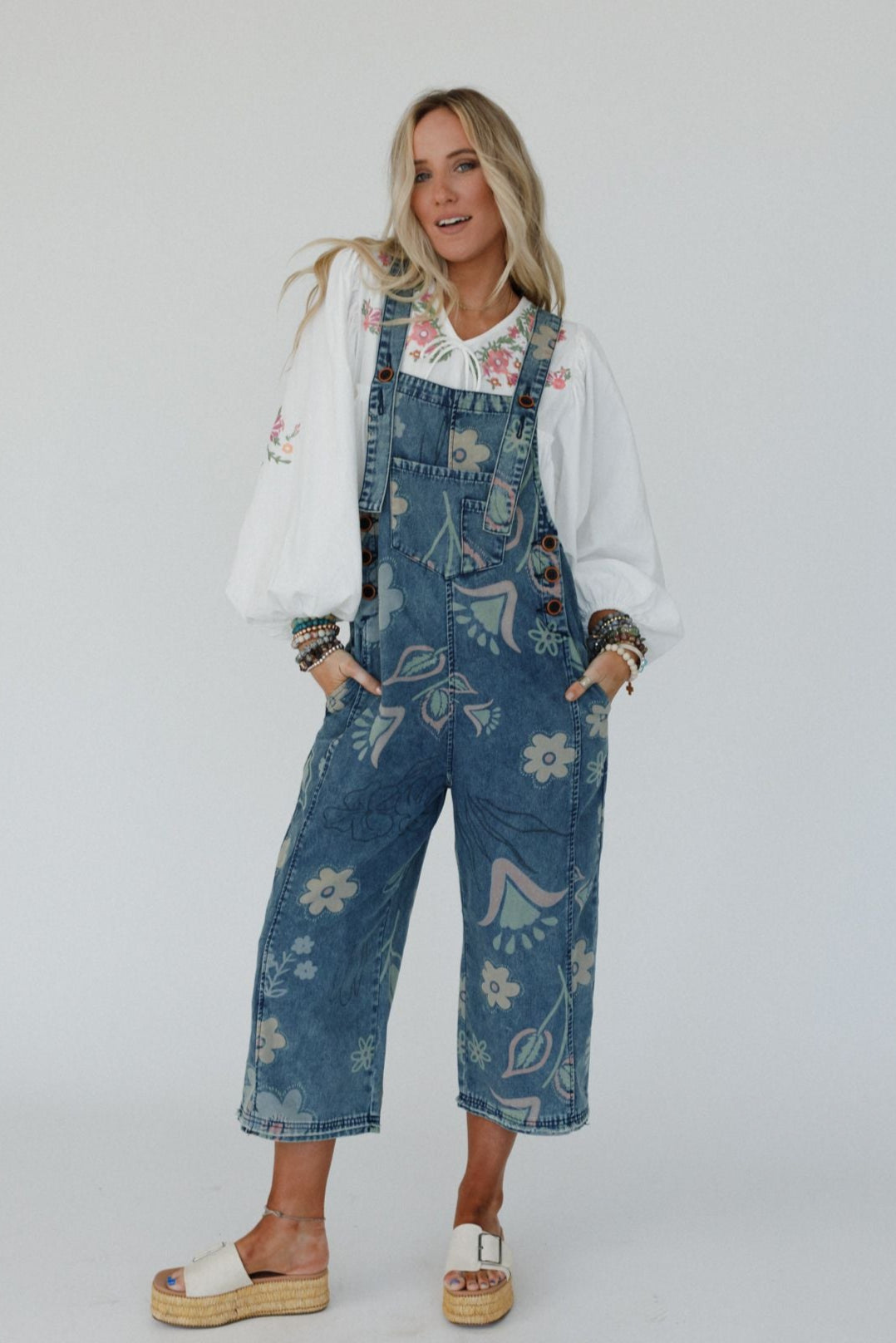 High Hopes Slouchy Pocket Denim Overalls - Blue Artsy Floral