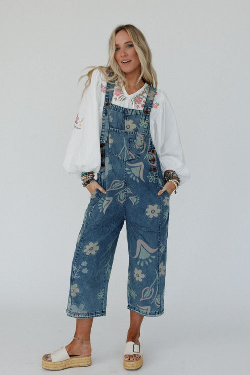 High Hopes Slouchy Pocket Denim Overalls - Blue Artsy Floral
