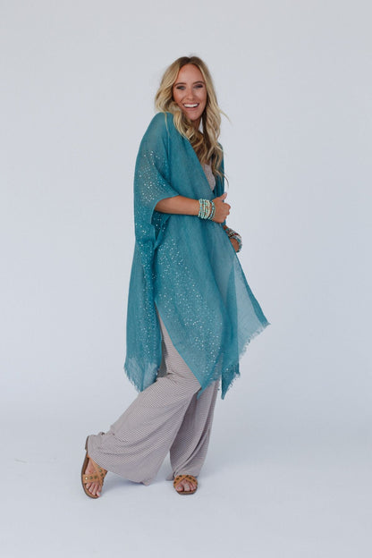 Mikka Sequin Frayed Trim Kimono - Teal