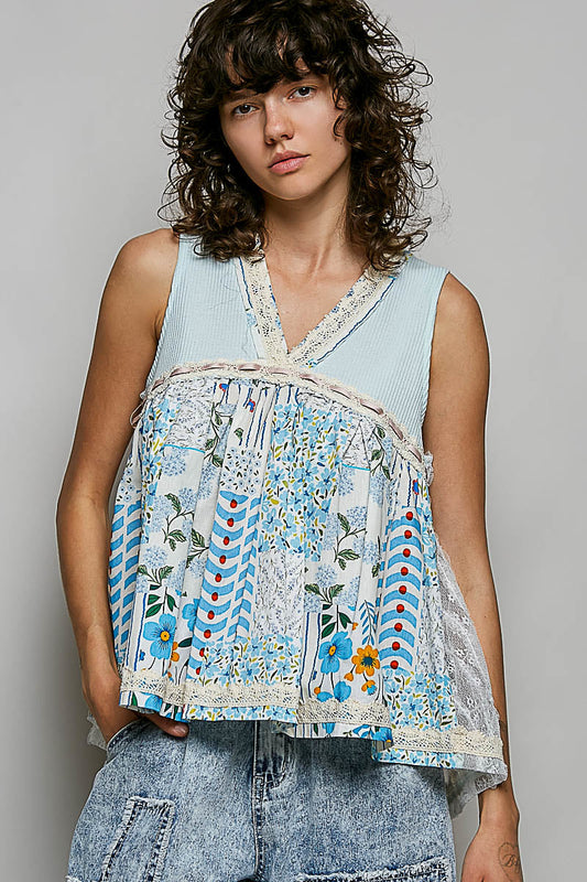 Hazel Blues® |  POL Floral V-Neck Sheer Tank with Lace Trim