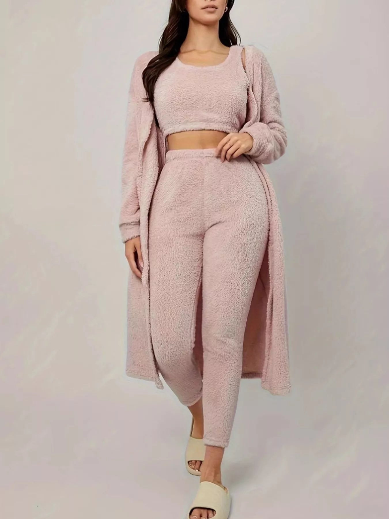 Hazel Blues® |  Fuzzy Tank Long Sleeve Cardigan and Pants 3-Piece Lounge Set