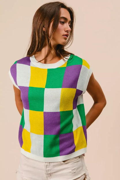 Hazel Blues® |  BiBi Mardi Gras Checker Pattern Sleeveless Sweater Top