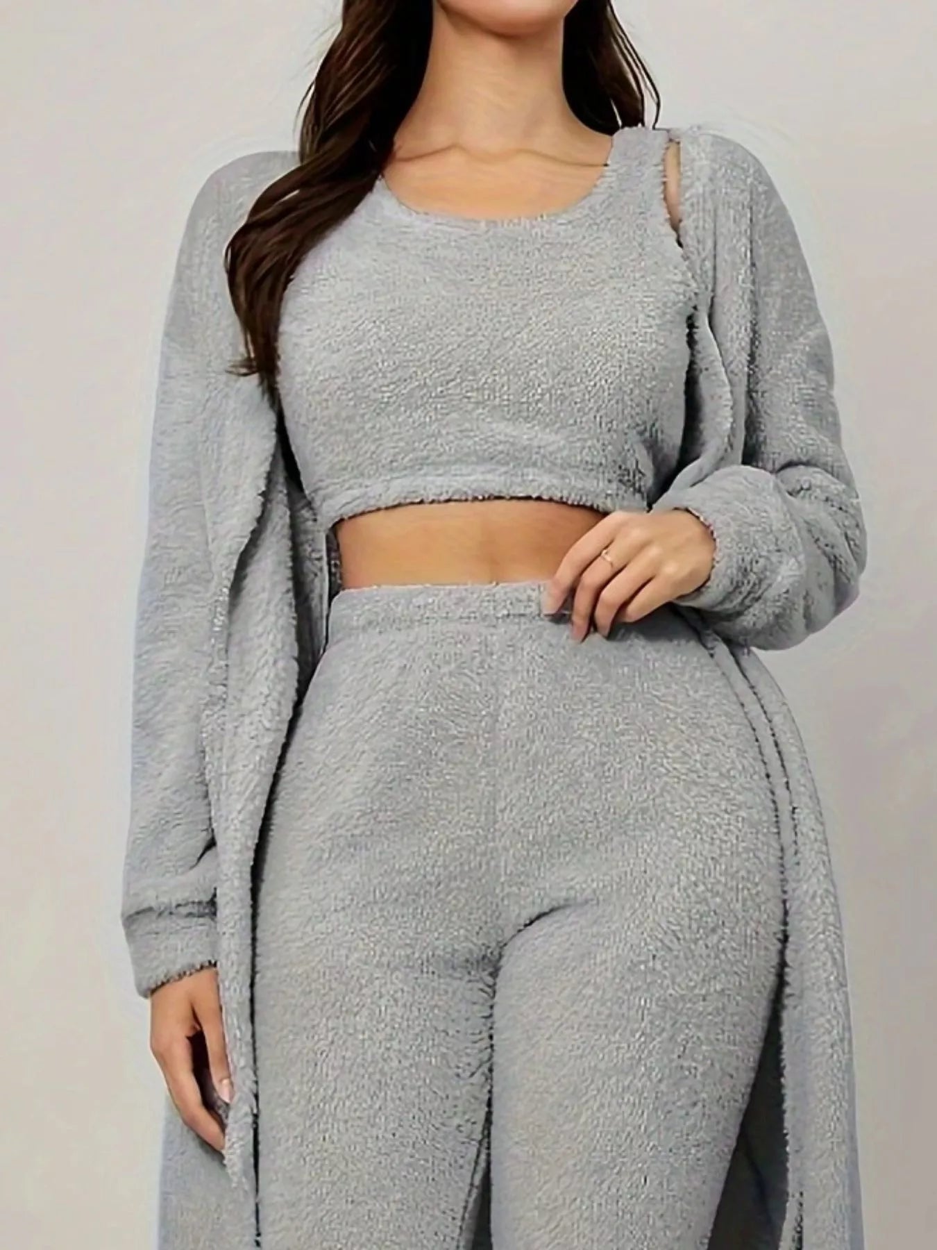Hazel Blues® |  Fuzzy Tank Long Sleeve Cardigan and Pants 3-Piece Lounge Set