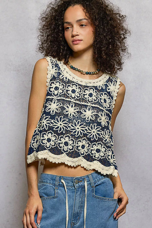 Hazel Blues® |  POL Floral Round Neck Cropped Crochet Sleeveless Top with Scalloped Edge