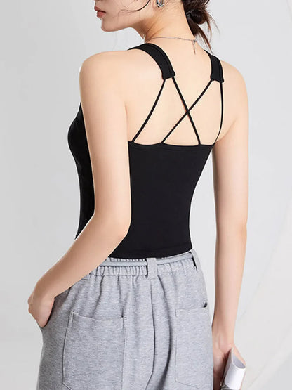 Hazel Blues® |  Crisscross Scoop Neck Wide Strap Cropped Tank with Chest Pads