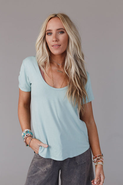 Scoop Neck Bralette Tee - Washed Seafoam
