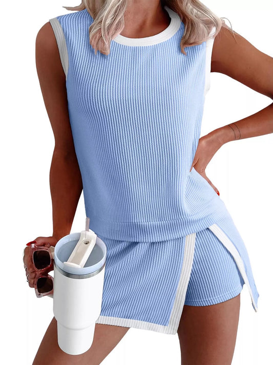 Hazel Blues® |  Ribbed Knit Sleeveless Top and Skort Set