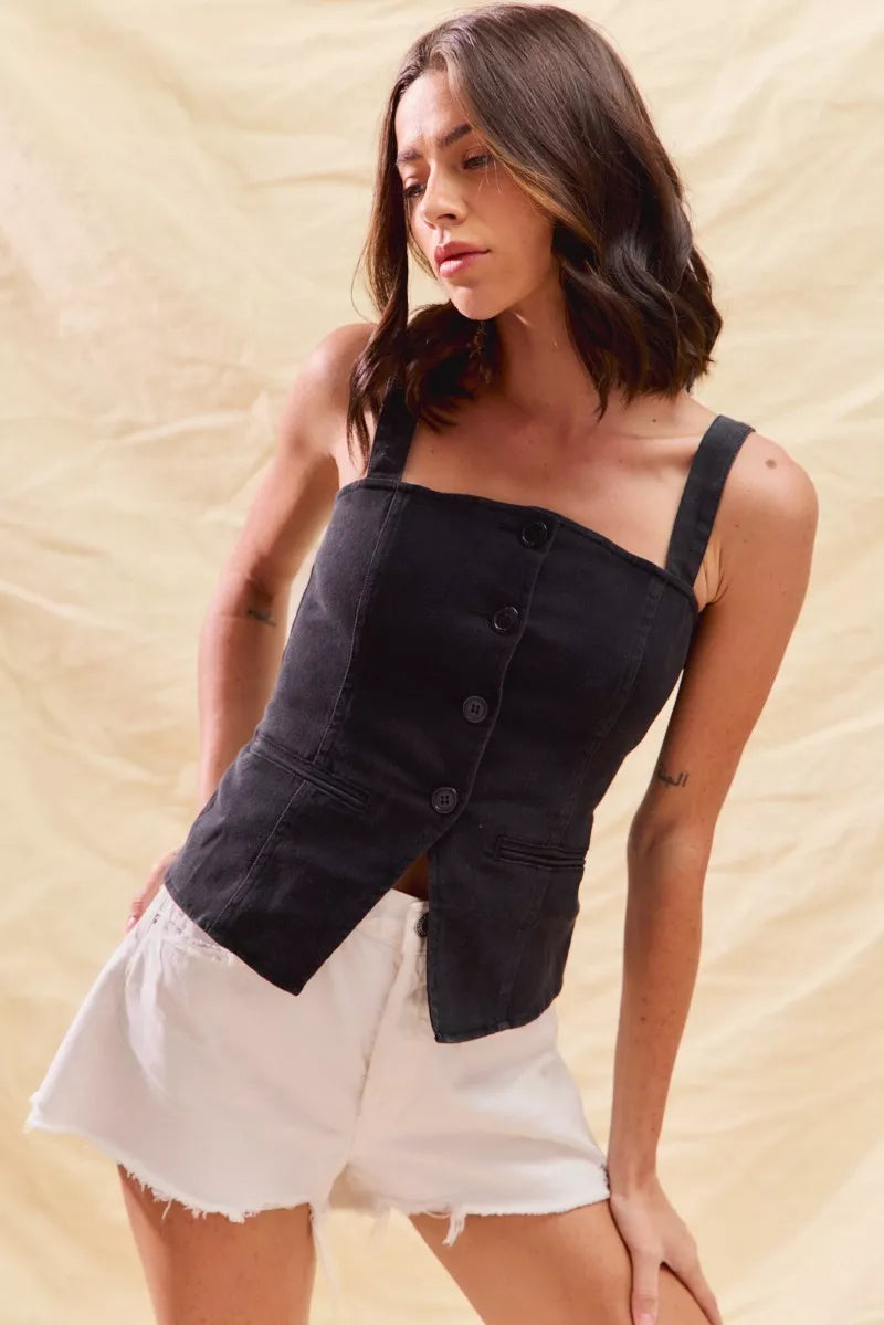 Hazel Blues® |  SO ME Button Down Sleeveless Game Day Fitted Denim Top