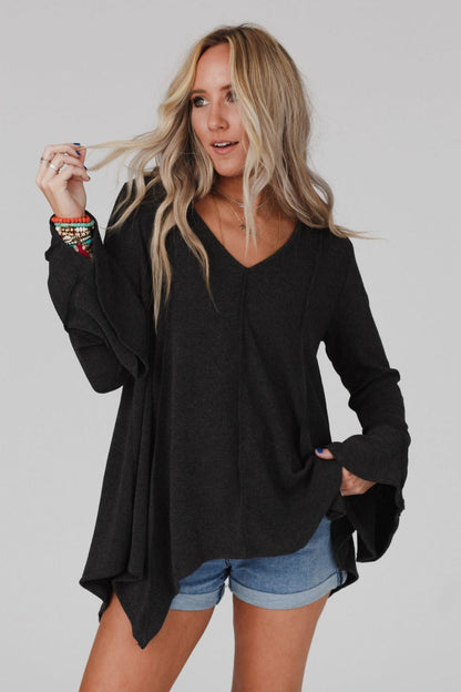 Golden Hour Long Bell Sleeve Top - Charcoal