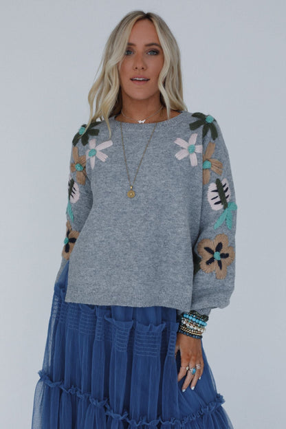 Wild Blossom Embroidered Sweater - Gray