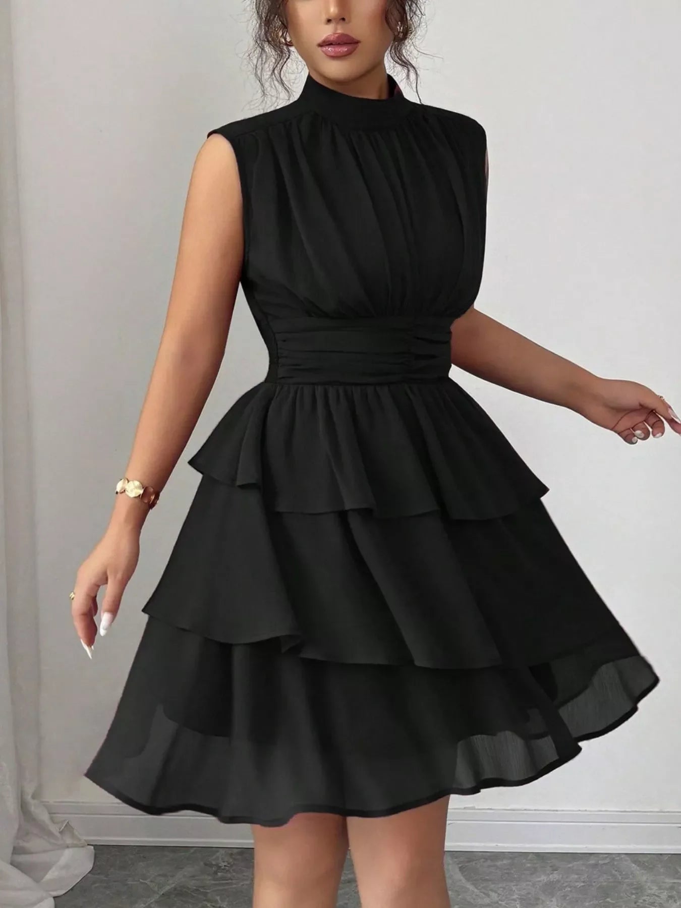 Ruffle Romance Dress | Ruffle Sleeveless Mock Neck Dress