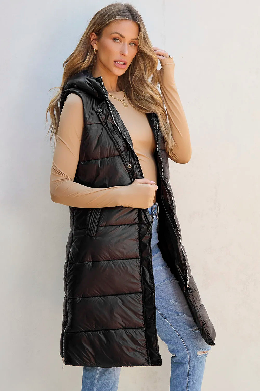Hazel Blues® |  Longline Hooded Sleeveless Puffer Vest