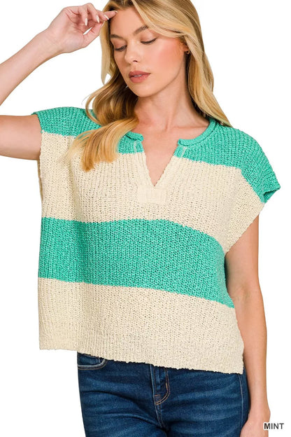 Hazel Blues® |  Zenana Split Neck Sleeveless Stripe Sweater