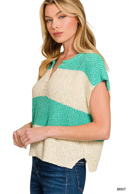 Hazel Blues® |  Zenana Split Neck Sleeveless Stripe Sweater