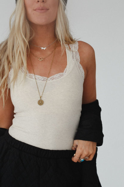 In Between Lace Trimmed Tank Top - Oatmeal