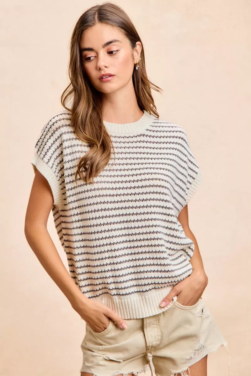 Hazel Blues® |  BiBi Pointelle Stripes Sleeveless Drop Shoulder Lightweight Sweater Top