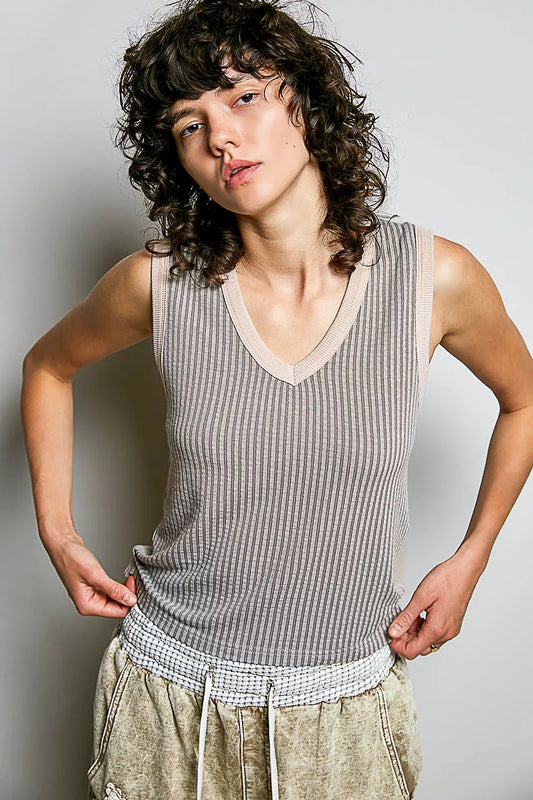 Hazel Blues® |  POL V-Neck Contrast Ribbed Sleeveless Tank