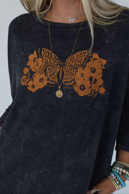 Like A Butterfly Graphic Top - Charcoal