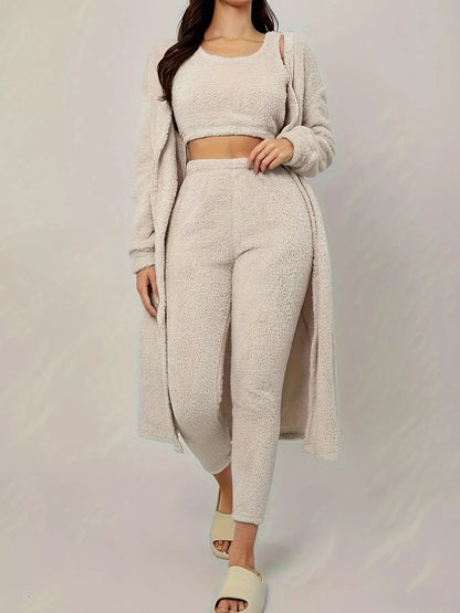 Hazel Blues® |  Fuzzy Tank Long Sleeve Cardigan and Pants 3-Piece Lounge Set