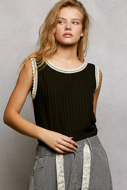 Hazel Blues® |  POL Ribbed Round Neck Tank with Lace Trim
