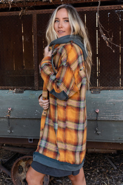Flannel Layers Hooded Jacket - Orange Multi