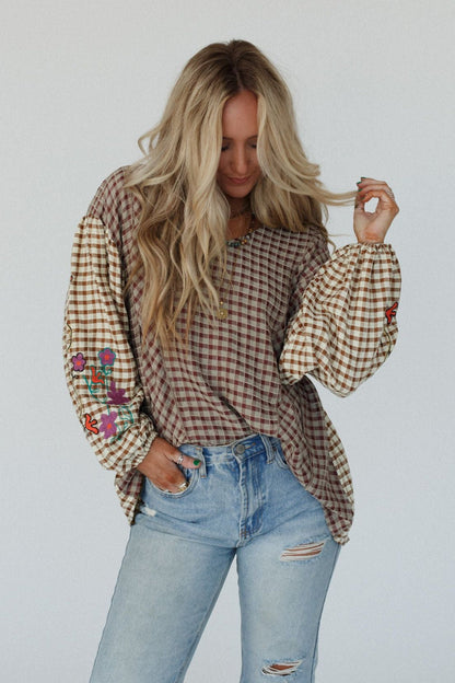 Homestead Plaid Floral Top - Mushroom