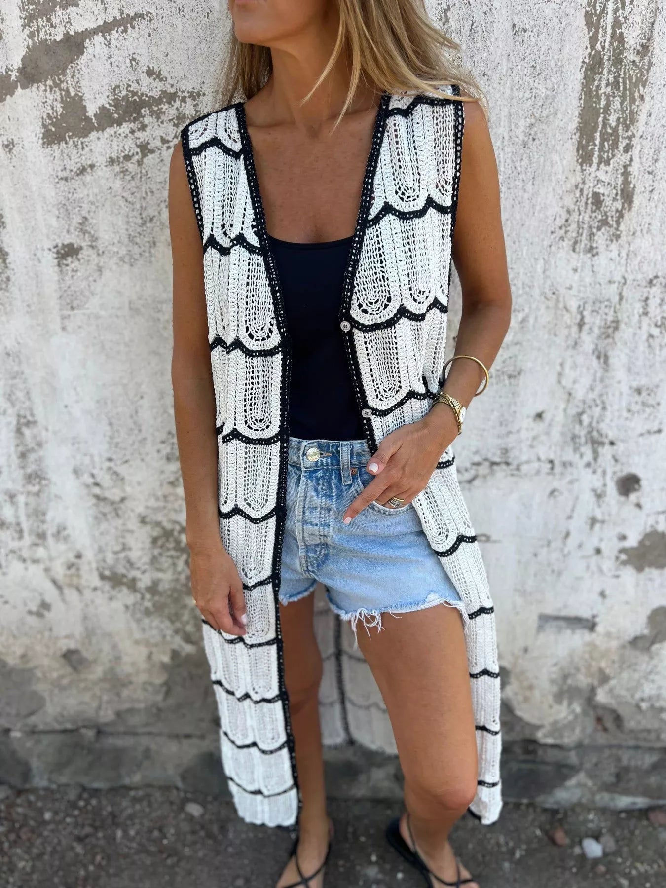 Hazel Blues® |  Sleeveless Crochet Longline Cardigan