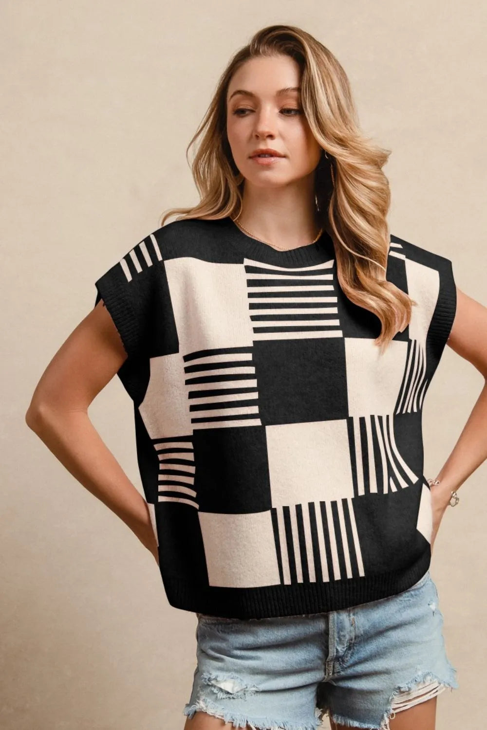 Hazel Blues® |  BiBi Checker With Stripes Pattern Sleeveless Sweater