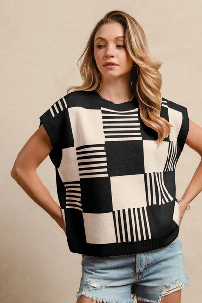 Hazel Blues® |  BiBi Checker With Stripes Pattern Sleeveless Sweater