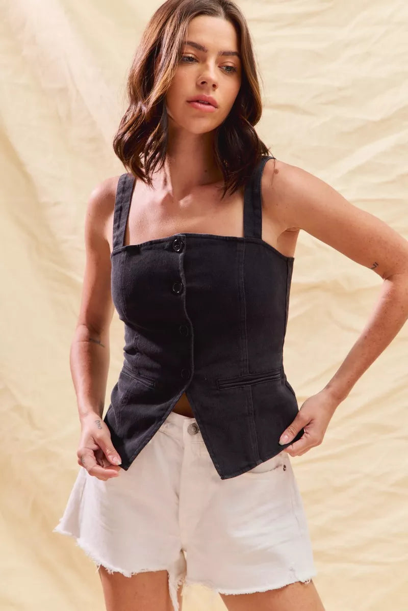 Hazel Blues® |  SO ME Button Down Sleeveless Game Day Fitted Denim Top