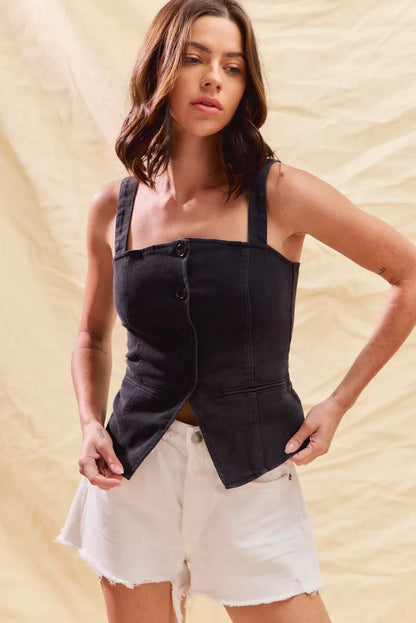 Hazel Blues® |  SO ME Button Down Sleeveless Game Day Fitted Denim Top