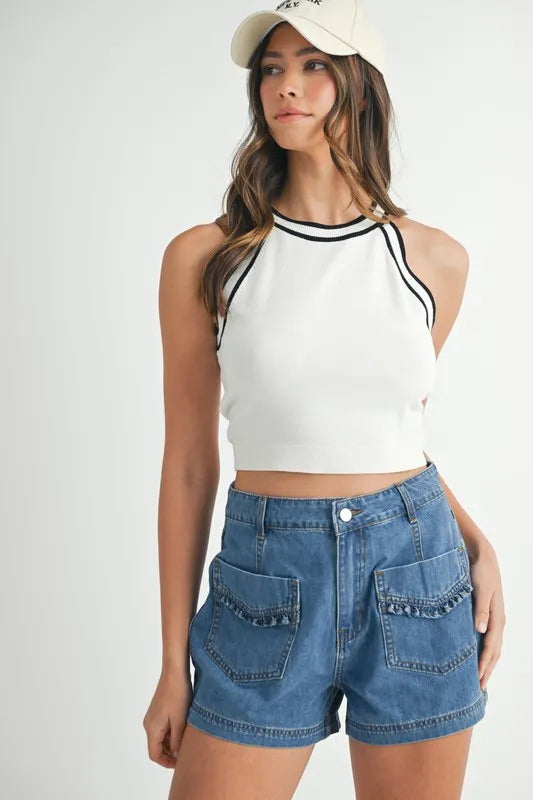Hazel Blues® |  MABLE Contrast Trim Grecian Neck Cropped Tank