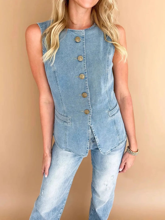 Hazel Blues® |  Sleeveless Button-Front Denim Vest