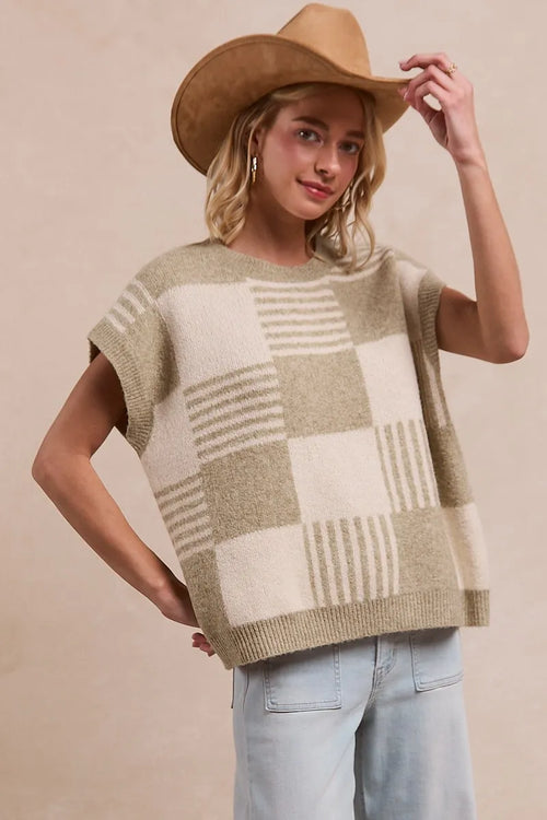 Hazel Blues® |  BiBi Checker With Stripes Pattern Sleeveless Sweater