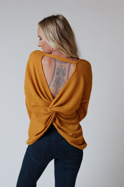 The Nest Flattering Open Back Thermal Knit Top - Mustard