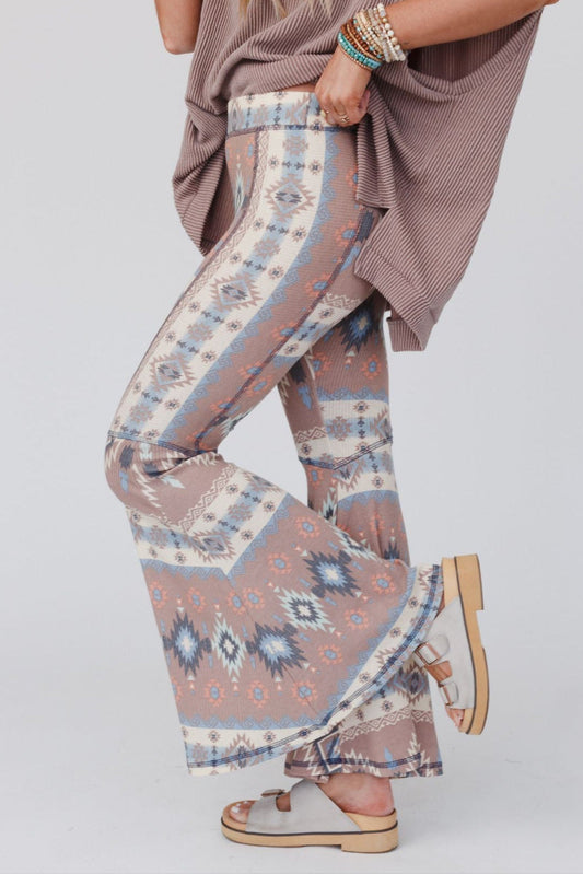 The Nest Boho Bliss Ribbed Flare Pants - Taupe