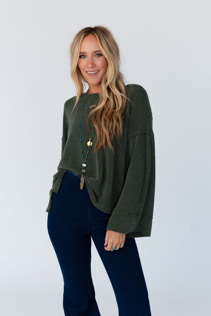 The Nest Love It Round Neckline Textured Top - Olive
