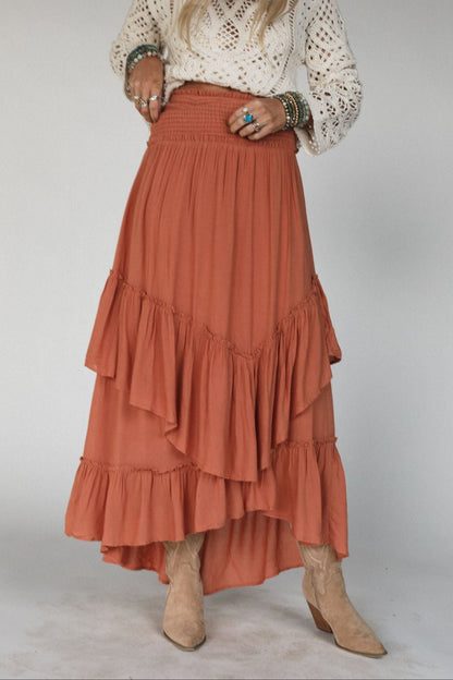 Washed Ashore Ruffled Maxi Skirt - Brick