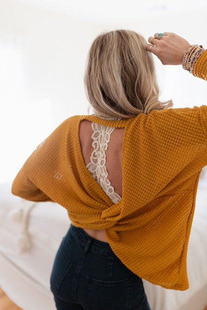 The Nest Flattering Open Back Thermal Knit Top - Mustard