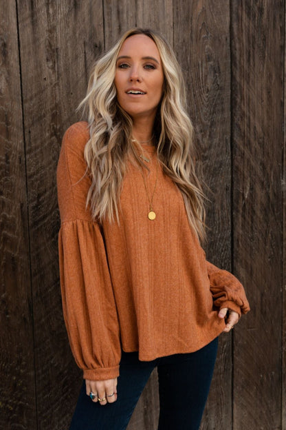 The Nest Sweet Heart Balloon Sleeve Knit Sweater - Burnt Orange