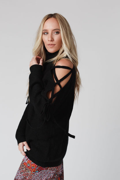Roxy Criss Cross Tie Shoulder Sweater - Black
