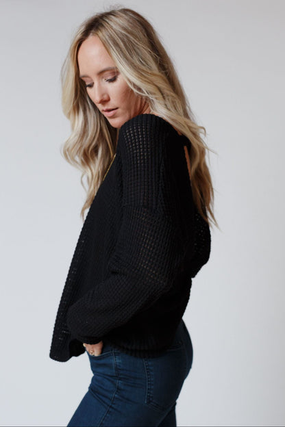 The Nest Flattering Open Back Thermal Knit Top - Black